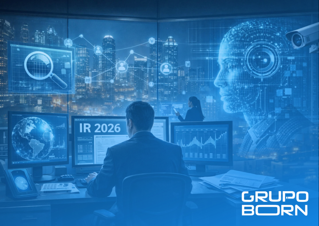 Imagem de um olho digital com dados fluindo em um ambiente tecnológico, simbolizando a fiscalização inteligente da Receita Federal e o cruzamento de informações fiscais.