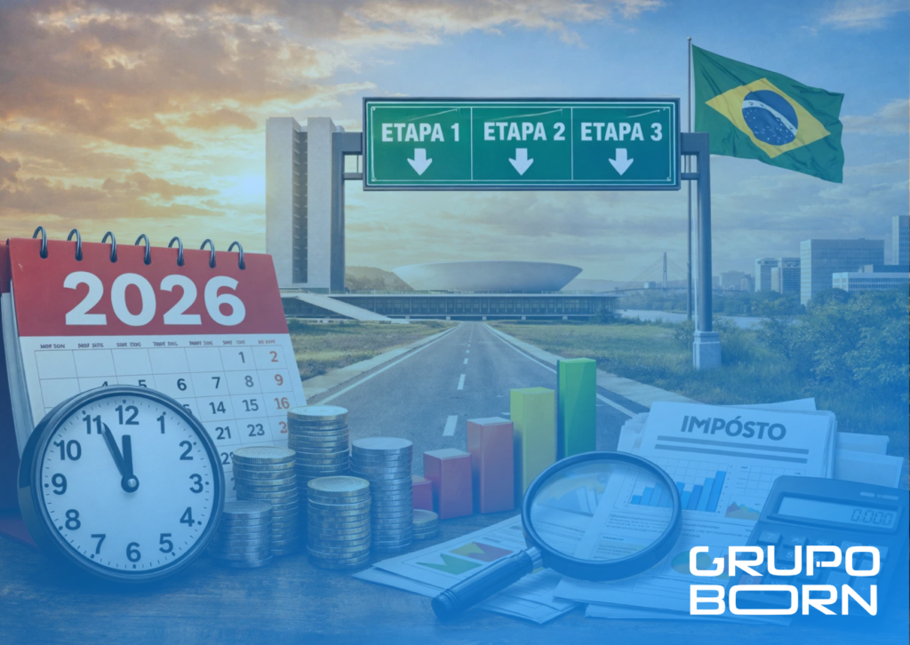 Imagem de um calendário com o ano 2026 em destaque, cercado por gráficos e documentos fiscais, simbolizando o planejamento estratégico para a Reforma Tributária.