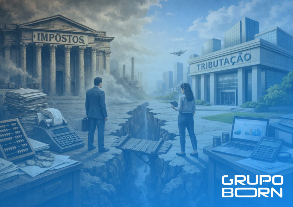 Imagem de um gráfico de linha do tempo mostrando a transição gradual de impostos, com setas indicando a gestão de créditos de IPI e ICMS, e o logo do Grupo Born.