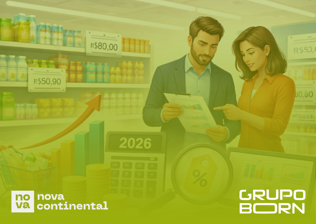 magem de uma calculadora com notas de dinheiro e gráficos de lucro, com o logo da Nova Continental e elementos visuais da Reforma Tributária.