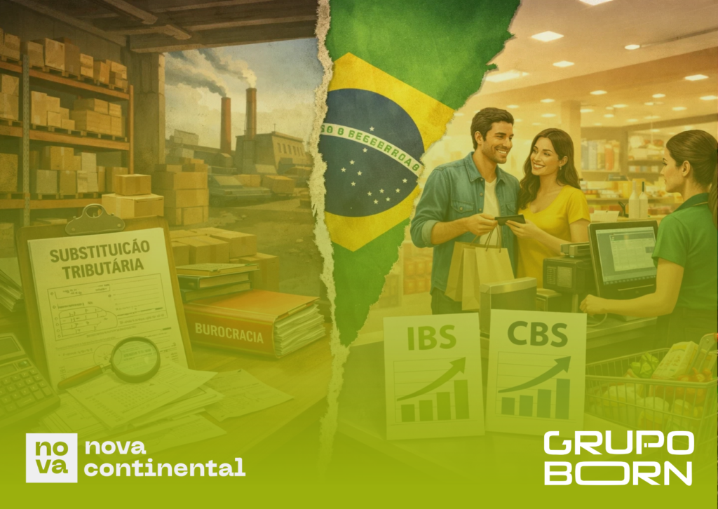 Infográfico detalhando a transição do sistema de Substituição Tributária para o novo modelo de IBS e CBS, com foco nos impactos para o setor varejista.