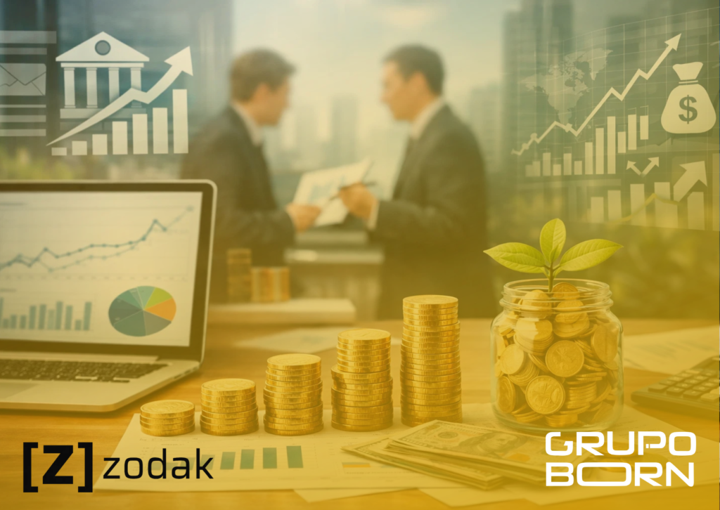 magem de um cofre aberto com moedas e notas, simbolizando o rendimento do caixa, com o logo da Zodak e gráficos de crescimento financeiro.