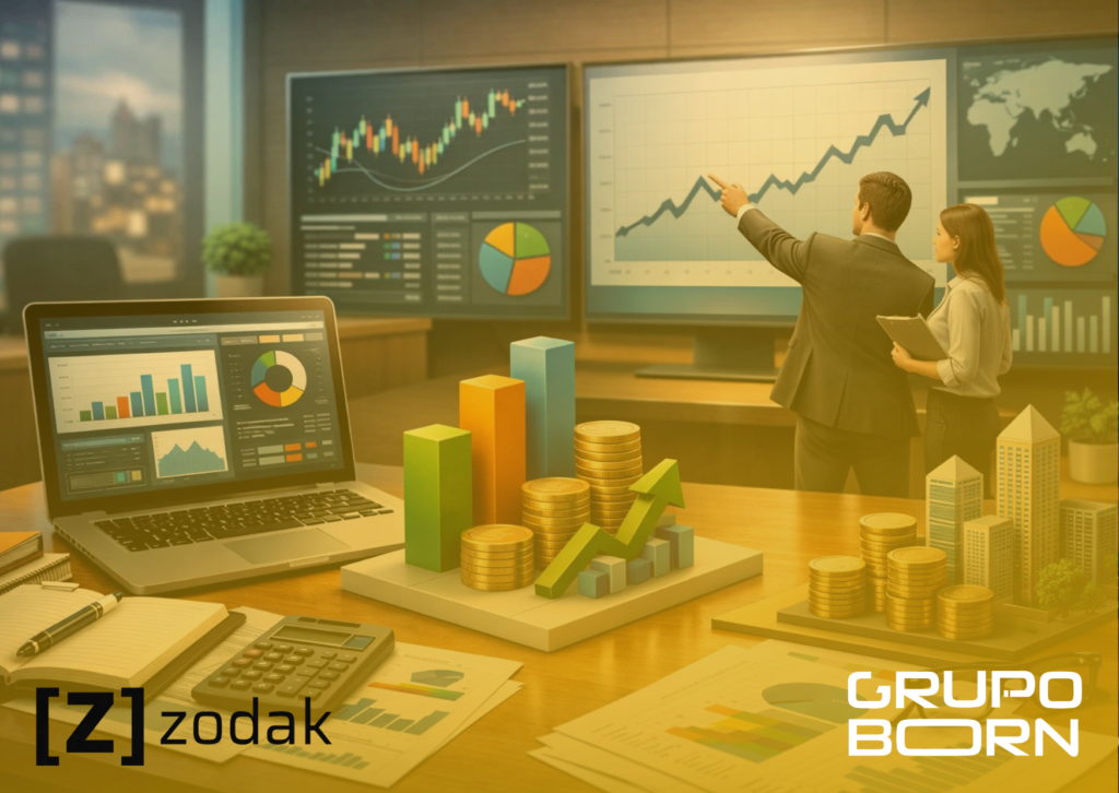 Imagem de um dashboard financeiro com gráficos e indicadores de desempenho, com o logo da Zodak e elementos visuais de análise de dados.