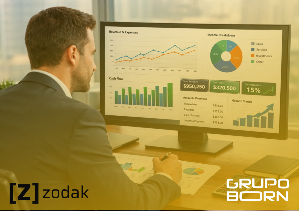 Imagem de um empresário analisando um dashboard financeiro organizado, com gráficos e dados claros, simbolizando a clareza e o sucesso financeiro proporcionados pelo BPO Financeiro.