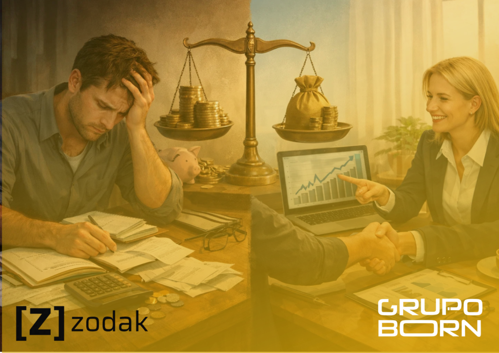 Imagem de uma balança equilibrada, com "Valor Agregado" superando "Honorários", simbolizando o custo-benefício e o retorno sobre o investimento do BPO Financeiro para empresas.