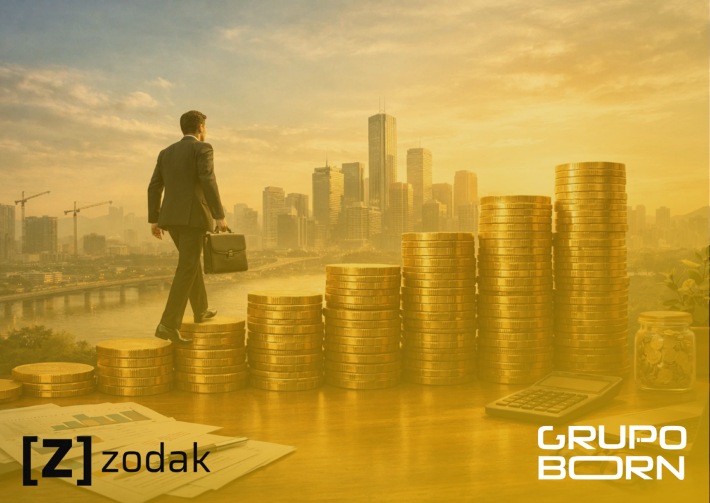 Imagem de uma mesa de reunião com documentos financeiros, um laptop exibindo gráficos de crescimento e um aperto de mãos, simbolizando a captação de investimentos com o suporte de um CFO as a Service.