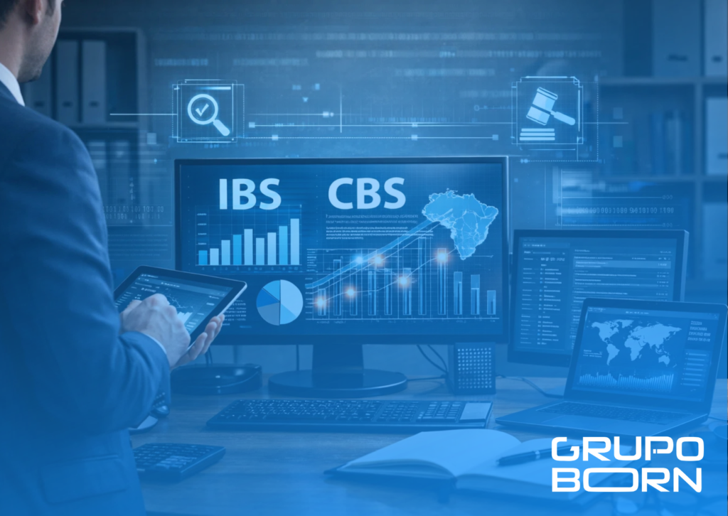 Ilustração de um olho digital com elementos de inteligência artificial e gráficos de dados, sobreposto a um mapa do Brasil, simbolizando o monitoramento fiscal avançado, com o logo do Grupo Born.