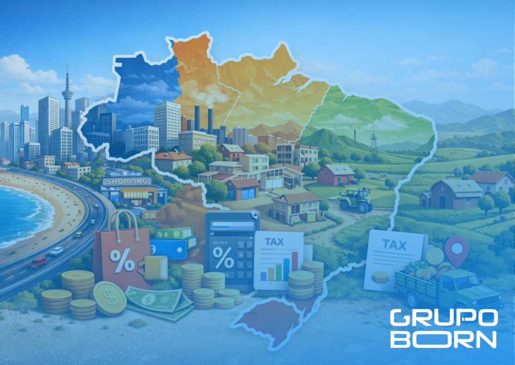 Imagem de um mapa do Brasil com setas indicando o fluxo de mercadorias e serviços para diferentes estados, com o logo do Grupo Born e elementos visuais de cálculos e documentos, simbolizando a gestão da arrecadação pelo destino.