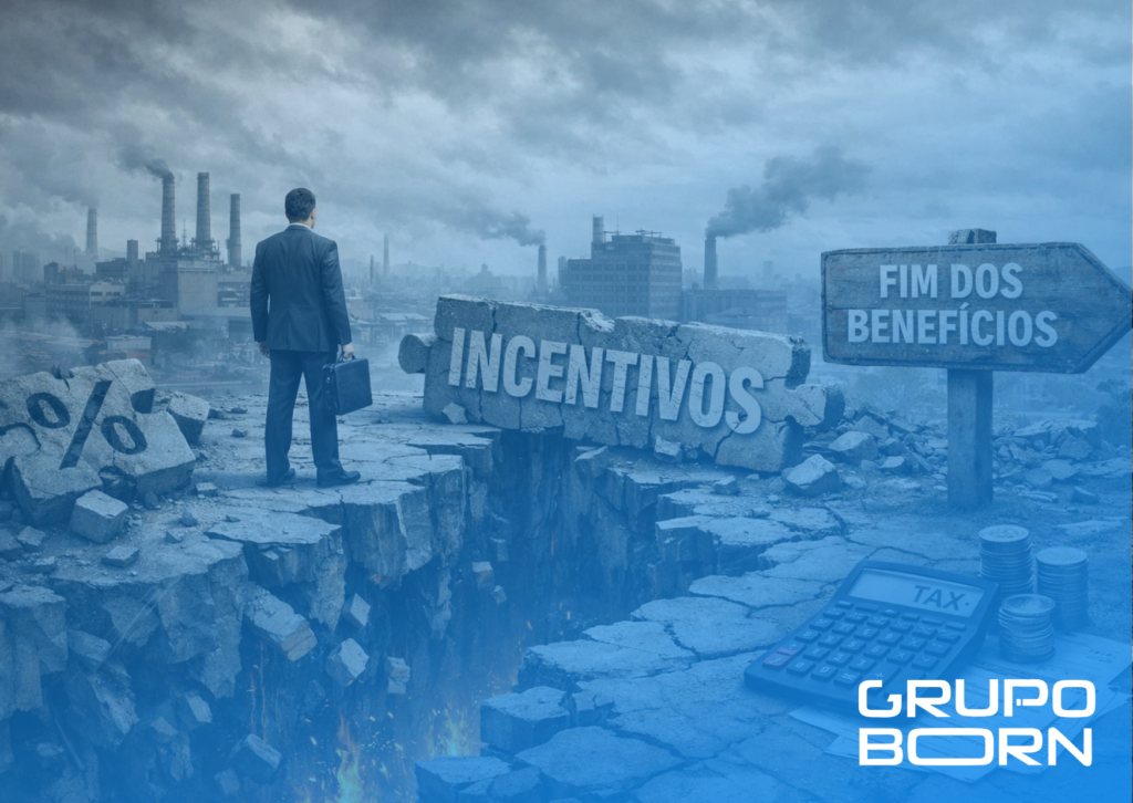 Imagem de uma balança fiscal com pesos equilibrados, representando a compensação de benefícios fiscais, com o logo do Grupo Born e elementos visuais de documentos e cálculos, simbolizando a gestão da transição tributária.
