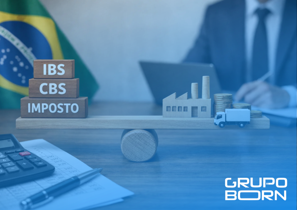 Imagem de uma balança em equilíbrio com o logo do Grupo Born, simbolizando a neutralidade fiscal e a otimização da carga tributária na Reforma Tributária.