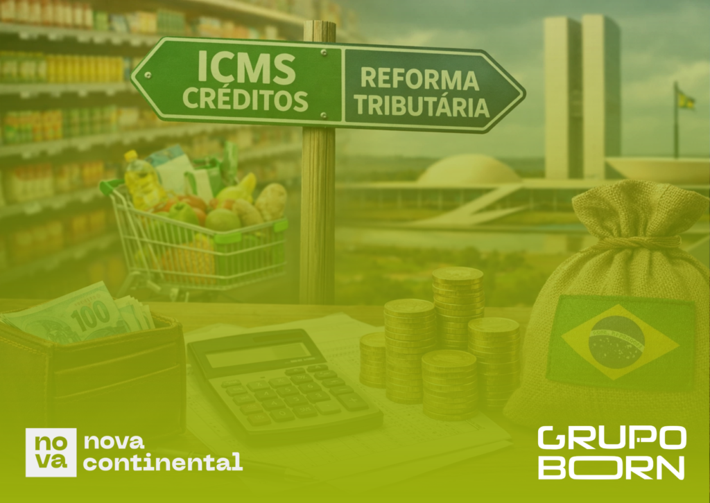 Imagem de um cofre aberto com moedas e documentos fiscais, com o logo da Nova Continental e elementos visuais da Reforma Tributária, simbolizando a recuperação de capital.