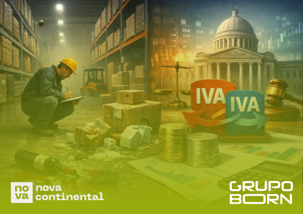 Imagem de produtos danificados ou quebrados em um estoque, com o logo da Nova Continental e elementos visuais de cálculos fiscais, simbolizando a gestão de perdas e a recuperação de créditos.