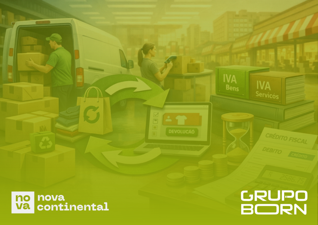 Imagem de caixas de produtos sendo devolvidas, com setas indicando o fluxo reverso e o logo da Nova Continental, simbolizando a gestão eficiente de devoluções e créditos fiscais.