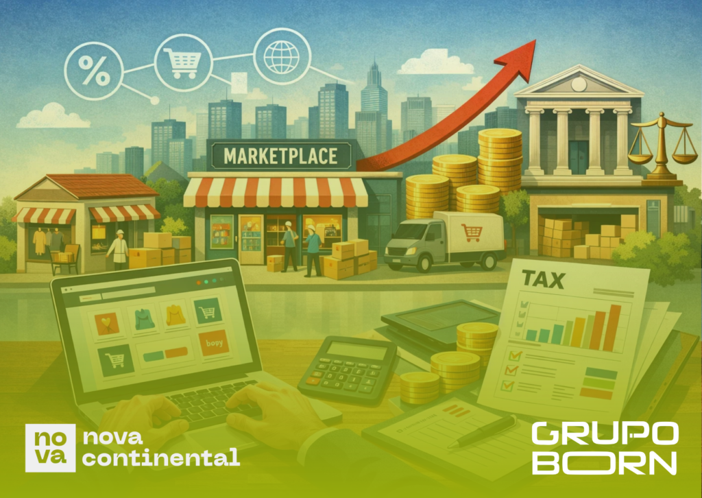 Imagem de um tablet exibindo um marketplace online, com o logo da Nova Continental e elementos visuais de cálculos fiscais, simbolizando a gestão tributária de vendas digitais.