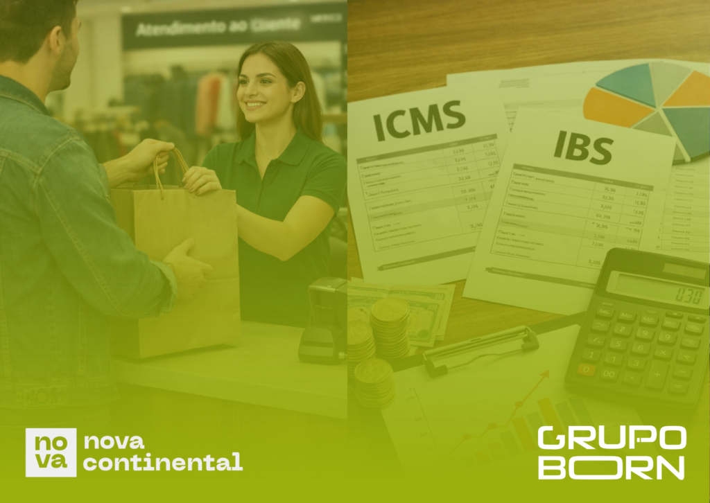 Imagem de um carrinho de compras com setas de devolução e o logo da Nova Continental, simbolizando a gestão eficiente de devoluções e a recuperação de impostos no varejo.