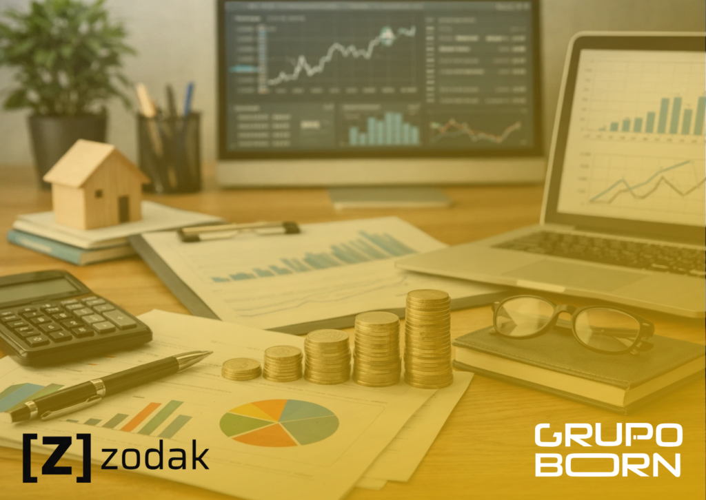 Imagem de um painel de controle financeiro com gráficos e indicadores de capital de giro, com o logo da Zodak, simbolizando o monitoramento e a gestão financeira estratégica.