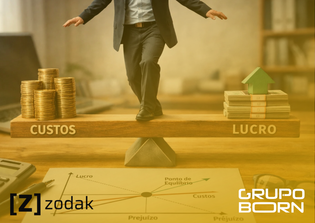 Imagem de um gráfico de ponto de equilíbrio com linhas de custo fixo, custo variável e receita total se cruzando, com o logo da Zodak, simbolizando a análise financeira estratégica.