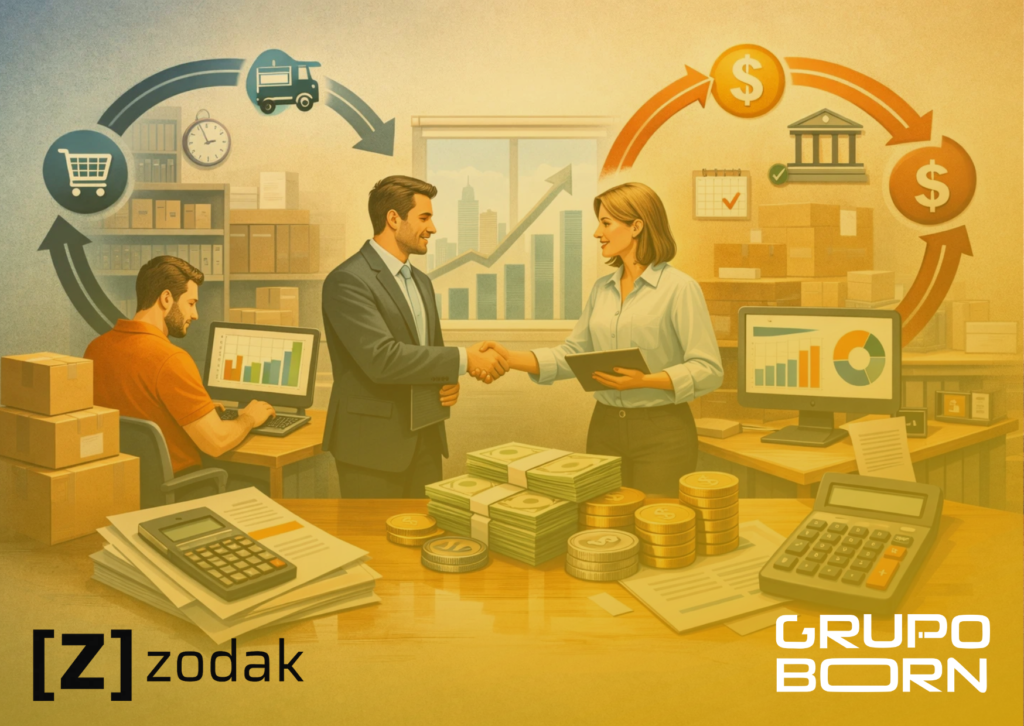 Imagem de duas engrenagens (uma representando o ciclo financeiro e outra o operacional) se encaixando perfeitamente, com o logo da Zodak e elementos visuais de dinheiro e gráficos, simbolizando a otimização do giro de caixa.