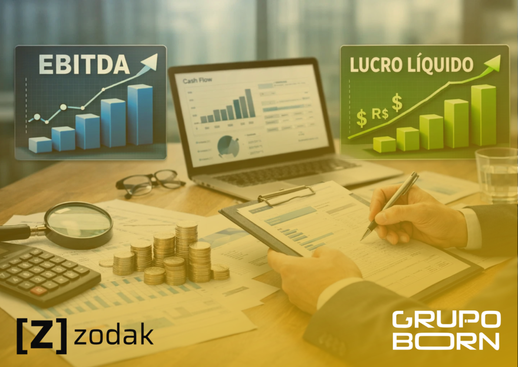 Imagem de um gráfico de barras comparando EBITDA e Lucro Líquido, com o logo da Zodak e elementos visuais de dinheiro e cálculos, simbolizando a análise de performance financeira e a otimização da geração de caixa.