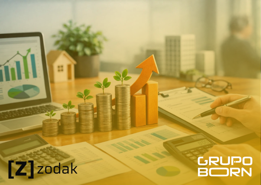 Imagem de um gráfico de pizza ou barras comparando Capex e Opex, com o logo da Zodak e elementos visuais de dinheiro e planejamento, simbolizando a gestão eficiente de gastos e a otimização da estrutura de custos.