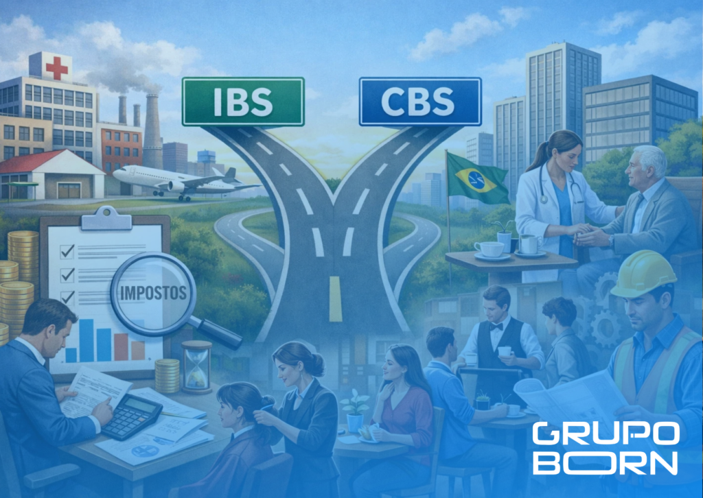 Ilustração de engrenagens fiscais se encaixando, com o logo do Grupo Born e elementos visuais de serviços, simbolizando a complexidade e a solução da transição tributária.
